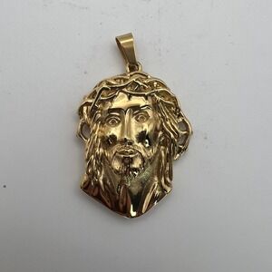 Gold Tone Stainless Steel Jesus Head Pendant Crown of Thorns Religious Piece